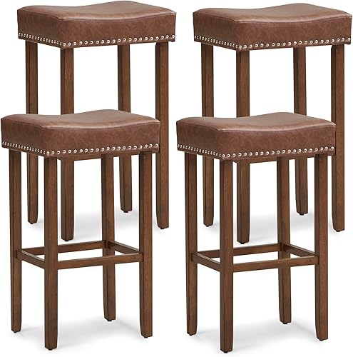 COSTWAY Juego de 4 taburetes de bar de 29.5 pulgadas de altura de barra con tapicería de piel sintética y patas de madera de goma maciza, taburetes
