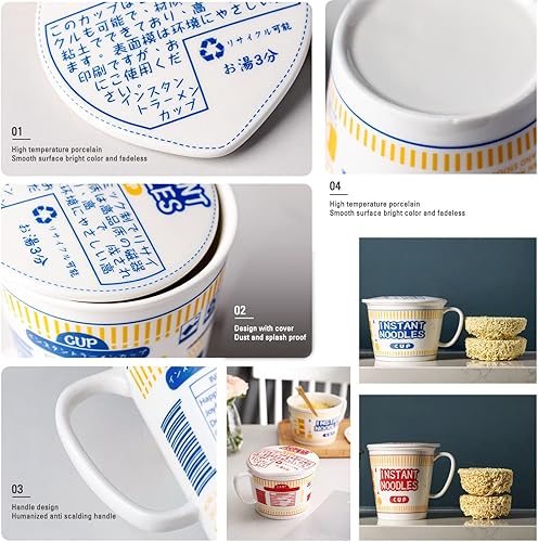 Miniatura 4 de Cuenco de fideos instantáneos de cerámica con tapa, taza creativa para sopa de ramen, cuenco para almuerzo para estudiantes (color rojo, tamaño M)