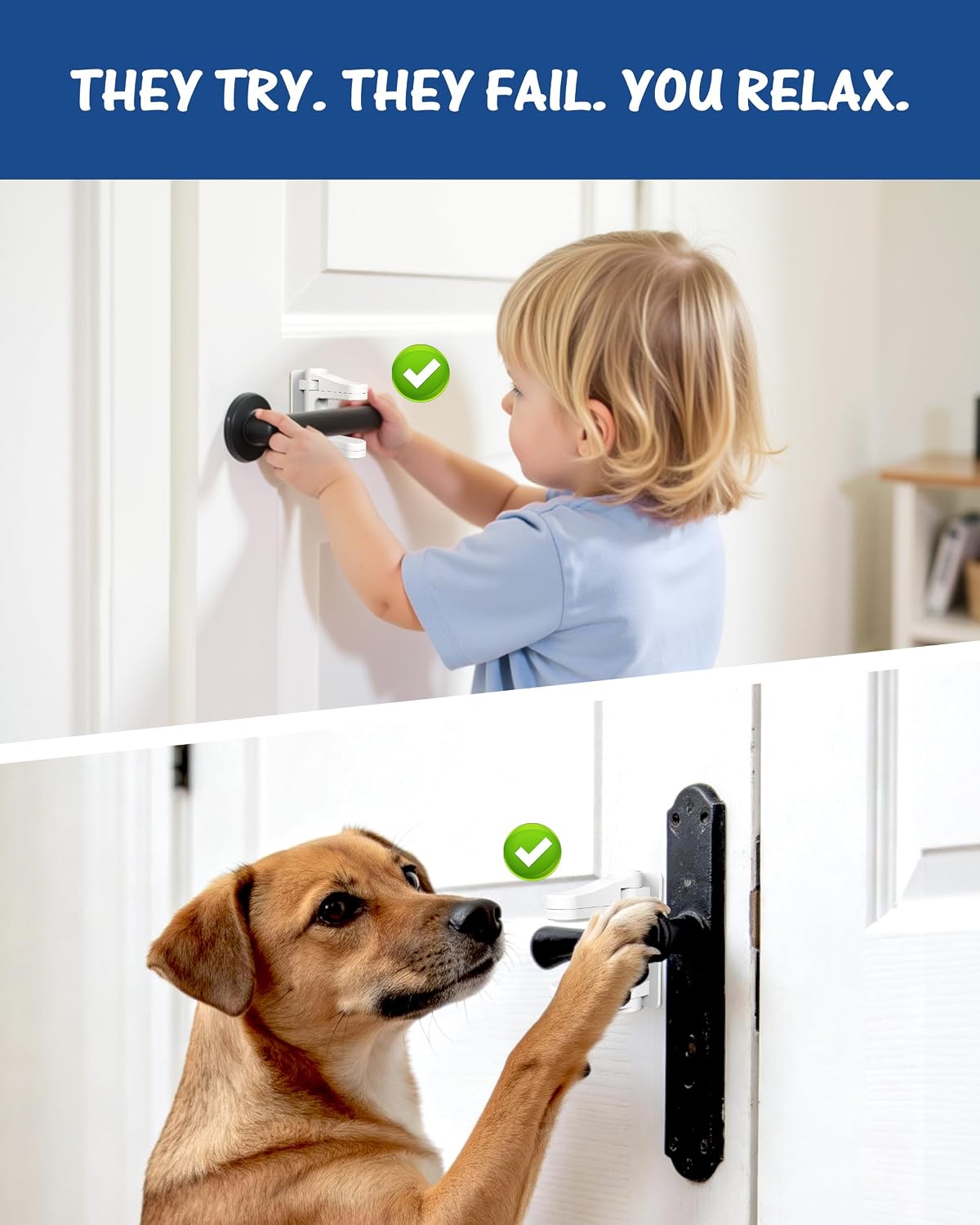 Yunkey Child Proof Door Lever Lock (4-Pack) - Dual-Button Design Helps Prevent Toddlers & Pets from Opening Doors, Fits Standard Lever Handles, 3M Adhesive, No Drill, Removes Cleanly