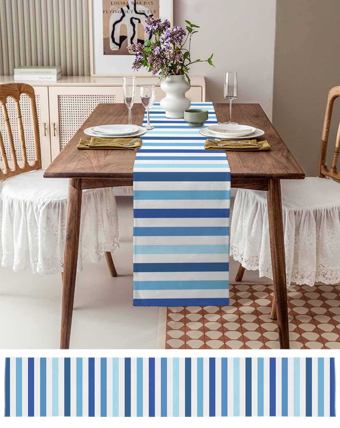 Amazon.com: Blue Stripe Table Runner 13 x 72 Inches, Kitchen Table Runner Blue Theme and White Stripes Dresser /Cabinet/ Dinning Table Decor: Home & Kitchen Amazon.com: Blue Stripe Table Runner 13 x 72 Inches, Kitchen Table Runner Blue Theme and White Stripes Dresser /Cabinet/ Dinning Table Decor: Home & Kitchen