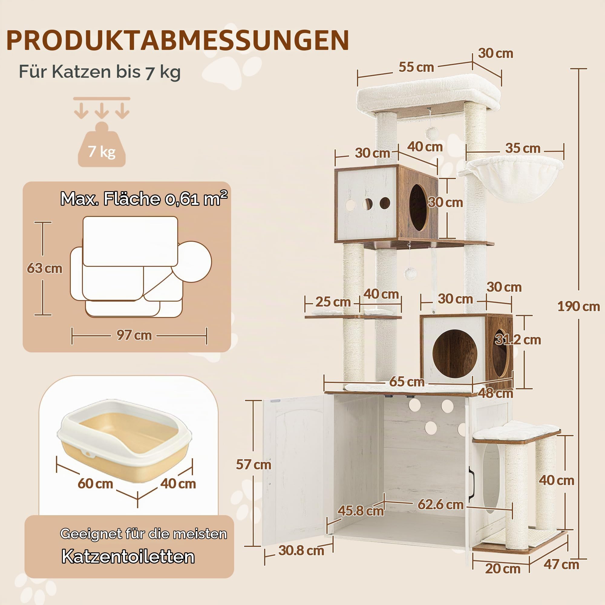 Kratzbaum mit Katzenklo Schrank, 190 cm Katzenbaum Weiß und Braun | Sisalstämmen, Sprungplattform, 2 Höhlen, Körbe, Ruheplattform, Waschbares Kissen, 2-in-1 Katzenkratzbaum XXL FPMS013PWR1