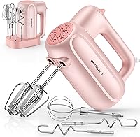 BAIGELONG 5-Speed Handheld Electric Mixer Pink with 5 Stainless Steel Attachments & Storage Base for Baking Whipping Cream