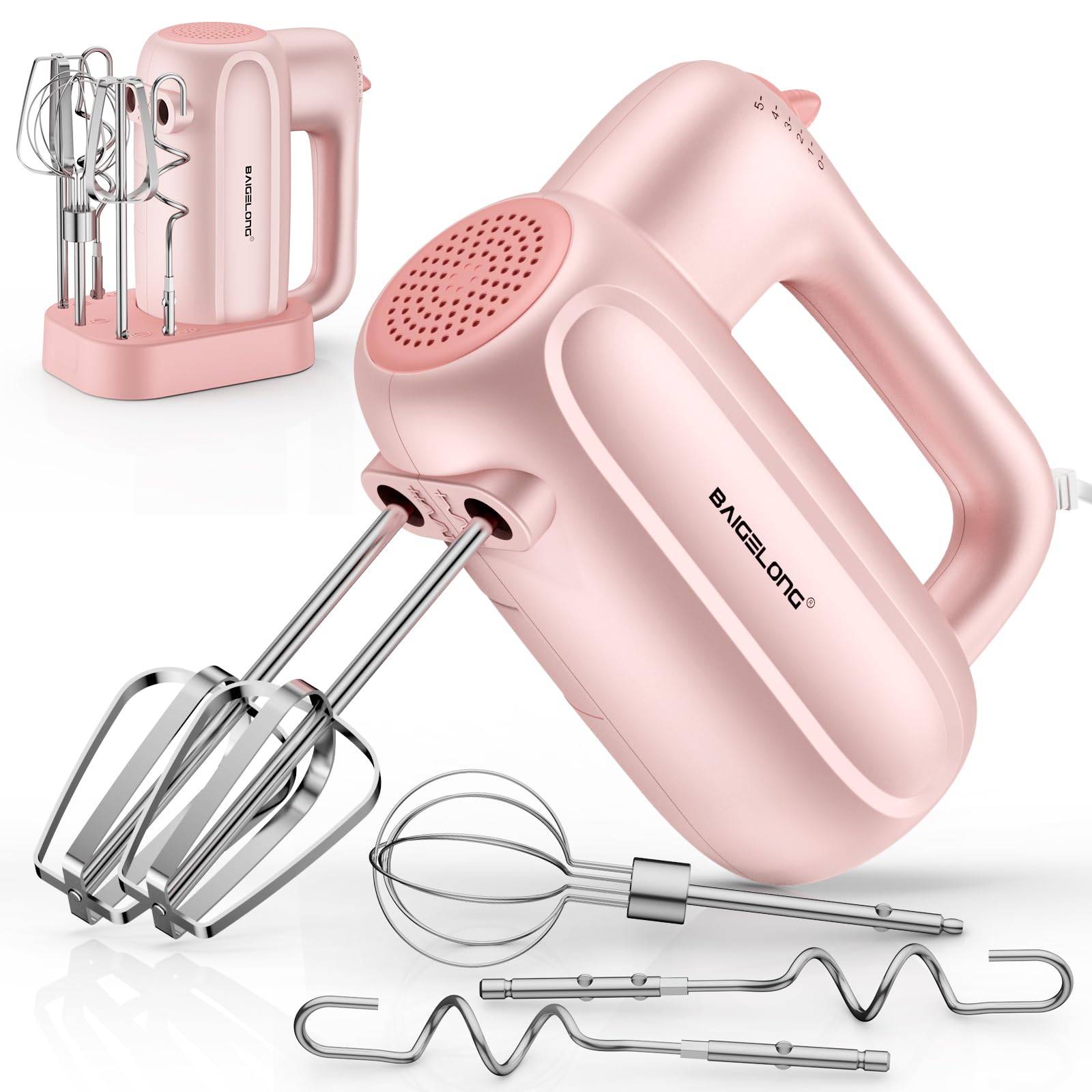 BAIGELONG 200W 5-Speed Handheld Electric Mixer, with 5 Stainless Steel Attachments, Portable Food Blender for Baking, Whipping Cream, Cake Mixing, Pink