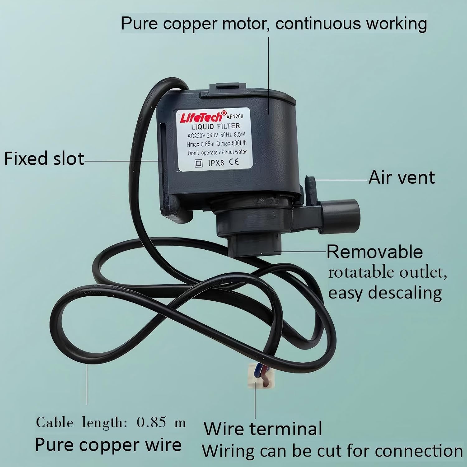 Submersible Water Pump for Commercial Ice Makers, 8.5W, 220-240V, 600L/H Flow Rate, 0.65m Lift, Replacement Pump Compatible with HZB-50 HZB-60 HZB-80 Ice Machines