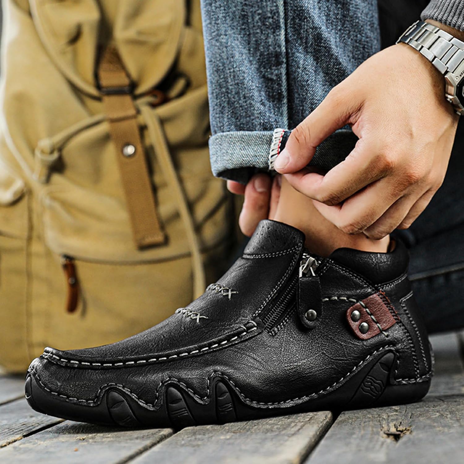 Men's Leather Hand Stitching High Top Ankle Boots Comfort Slip On Orthopedic Leather Boots Men Side Zipper Driving Hiking Casual Non-Slip Waterproof Driving Chukka Boots - Image 7