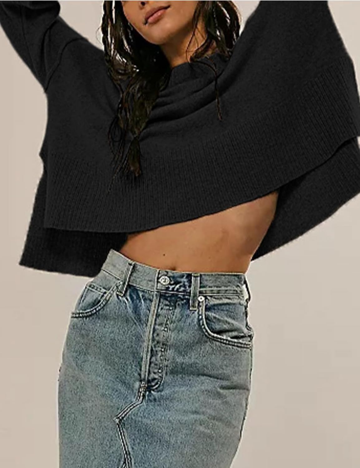 Wanzetaly Women's Oversized Cropped Sweaters Casual Crewneck Pagoda Sleeve Knit Pullover Tops(0518-Black-M) - Image 3