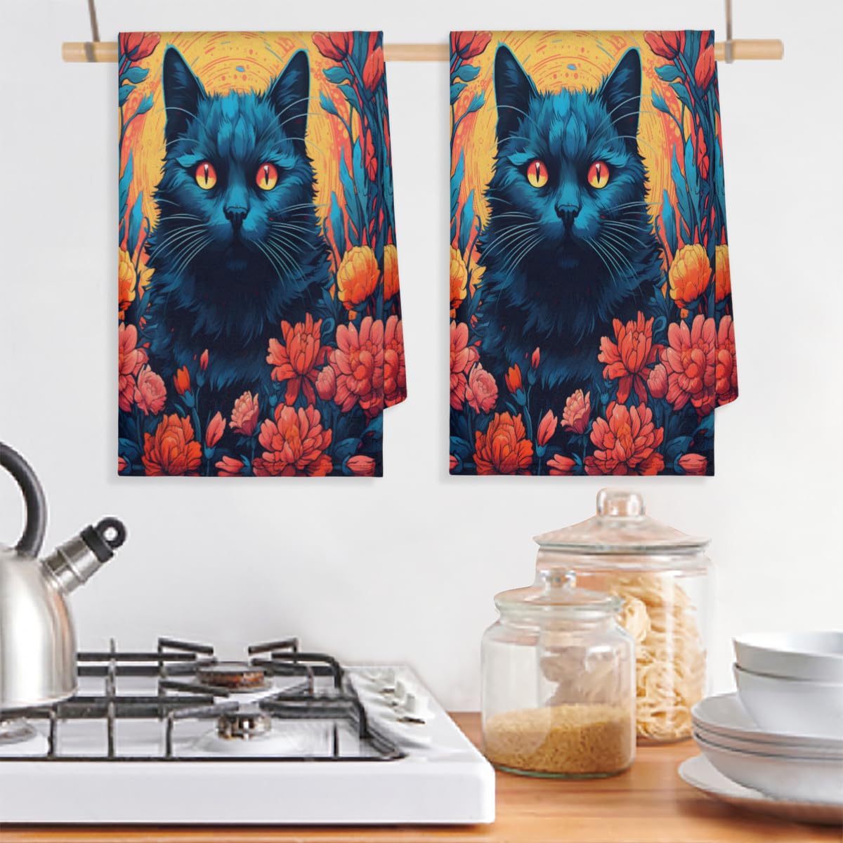 Küchentücher Set Von 6, Tier Katze Farbe Blume Küche Handtuch Weich Saugfähig Trocknen Geschirrtuch Für Zuhause Küche Catering Restaurant 45 X 72 Cm