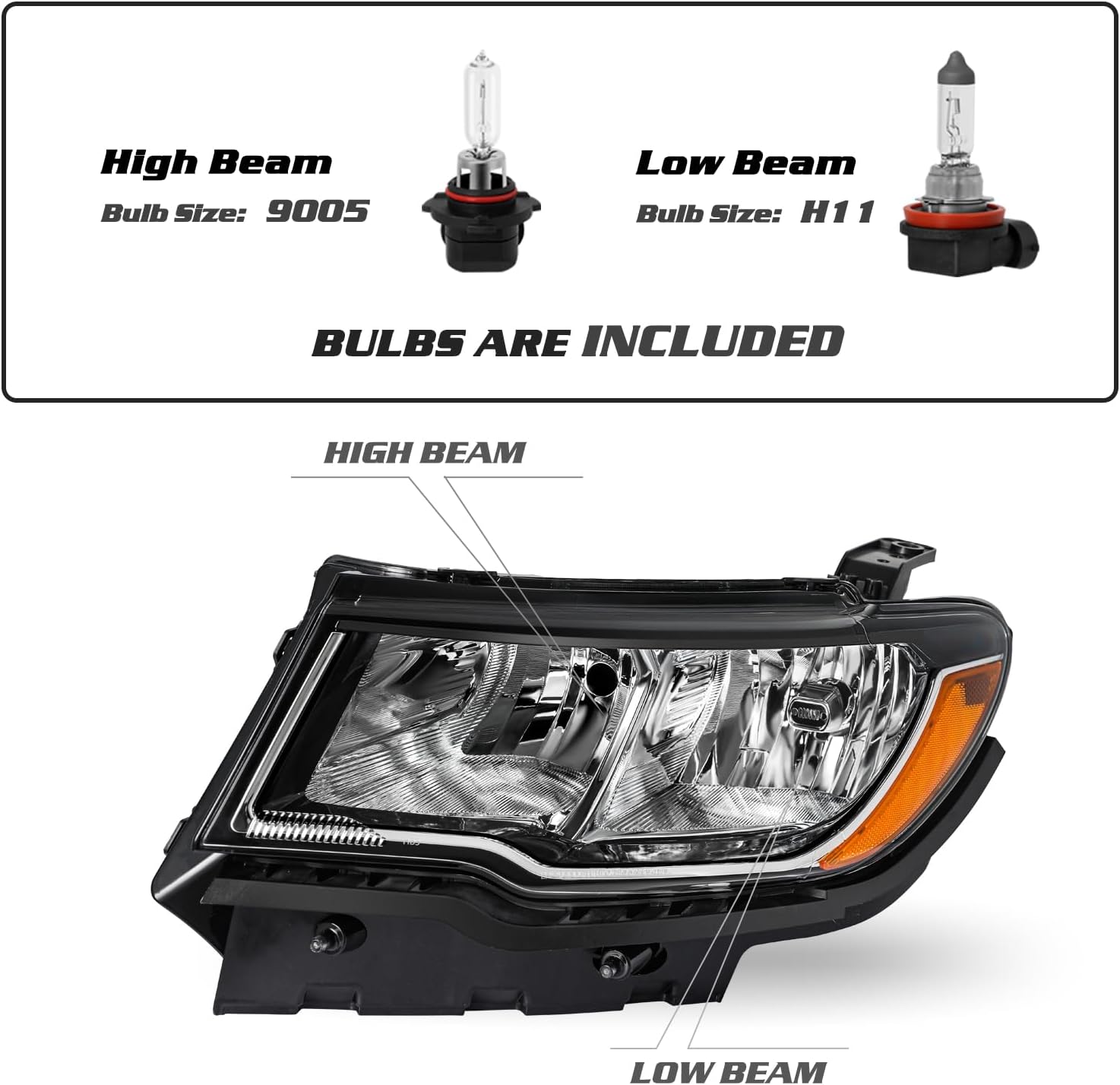 SOCKIR Headlight Assembly Compatible with 2017 2018 2019 2020 2021 Jeep Compass OE Headlamp Chrome Housing, Driver Side with High/Low Beam Bulbs