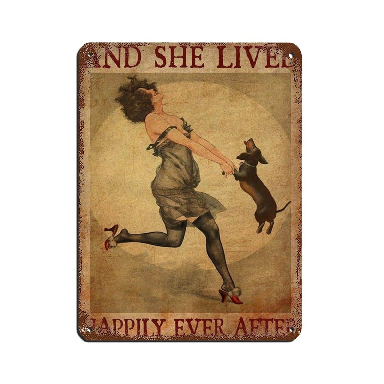Vintage Dachshund And Girls Art Poster Tin Sign Vintage Metal Pub Club Cafe Bar Home Wall Art Decoration Poster Retro 12x16inch(30x40cm)