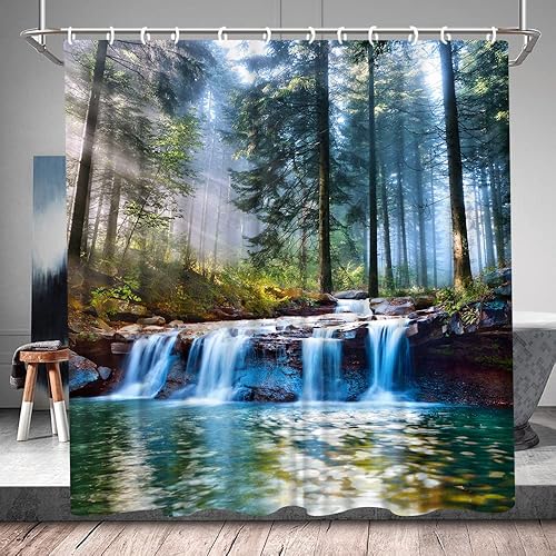 Miniatura 1 de Cortina de ducha en cascada de primavera, paisaje tropical, selva, selva tropical, árbol verde, verano, naturaleza, paisaje, tela de poliéster,