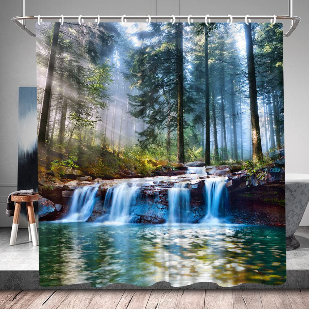 QWRSMYX Waterfall Shower Curtain Spring Forest Landscape Tropical Jungle Rainforest Green Tree Summer Nature Scenery Polyester Fabric Bathroom Decor