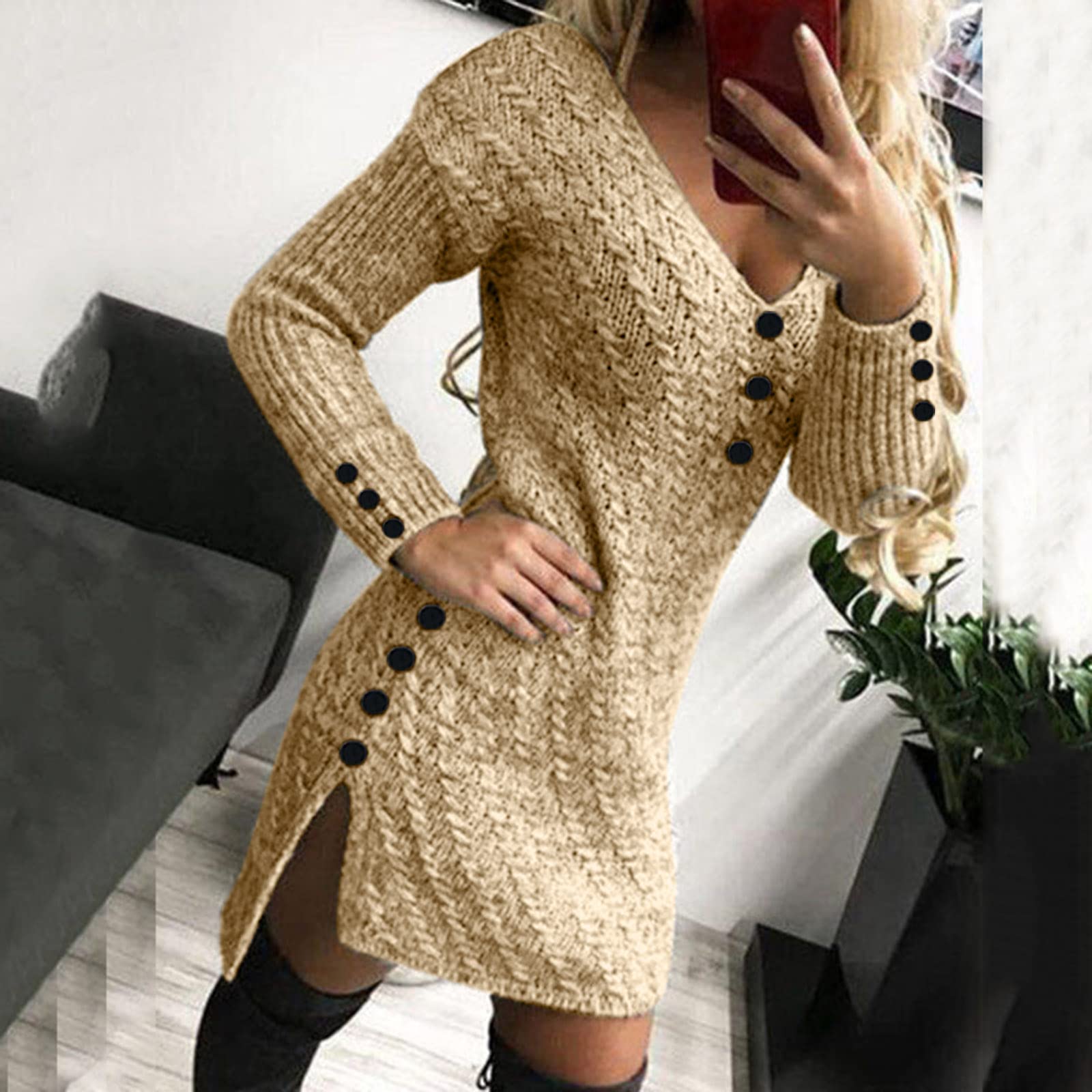 Générique Robe Automne Femme Chic - Robe Pull Décontractée Manches Longues Col Roulé Couleur Unie Automne Hiver pour Femmes