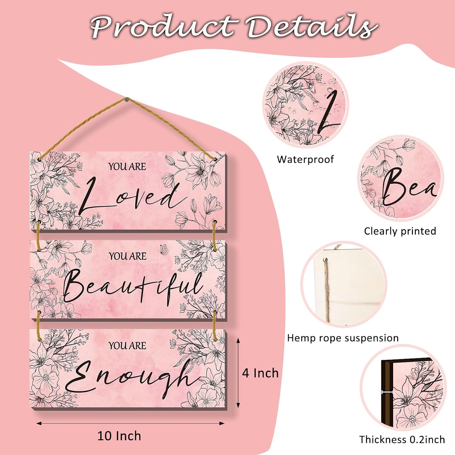 ONIZHITY 3 Pcs Pink Floral Wooden Wall Decor Positive Quotes You Are Beautiful Wall Art Inspirational Pink Wall Decors Girls Bedroom Decor for Teacher Women Living Room Bathroom(10x4 Inch) image 4