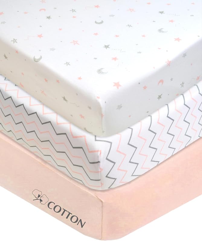 3 Pack Fitted Mini Crib Sheet 38x24",Pink Star/Zigzag | 100% Natural Cotton Small Nesting Portable Crib Sheet, Fits Pack N Play Mattress - Soft & Breathable, Neutral for Boy & Girl