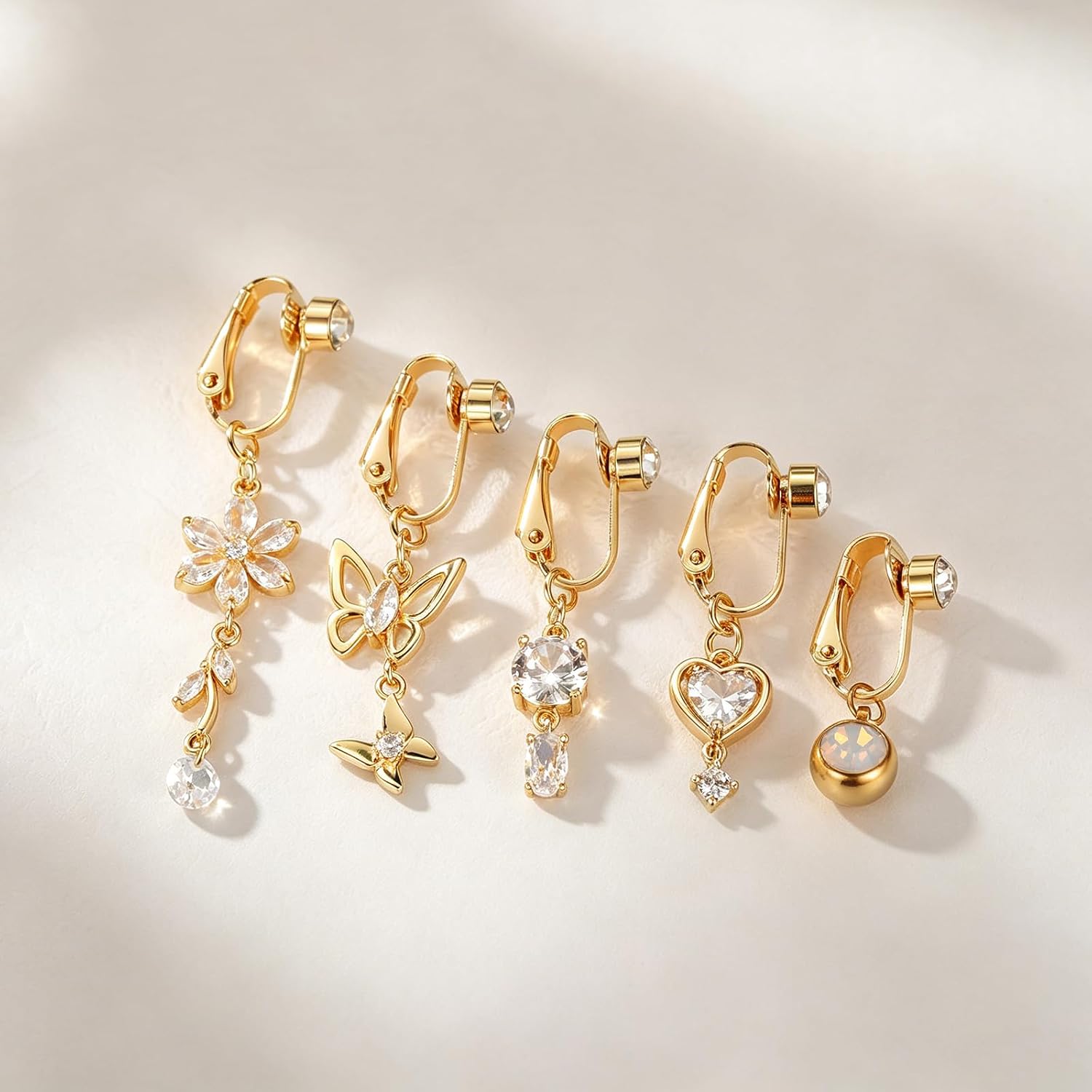 Xpircn 5PCS Fake Belly Button Piercing for Women Clip on Belly Button Rings Heart Butterfly Flower Bow Fake Cubic Zirconia Fake Belly Piercing Dangle Dangle Gold Fake Belly Ring