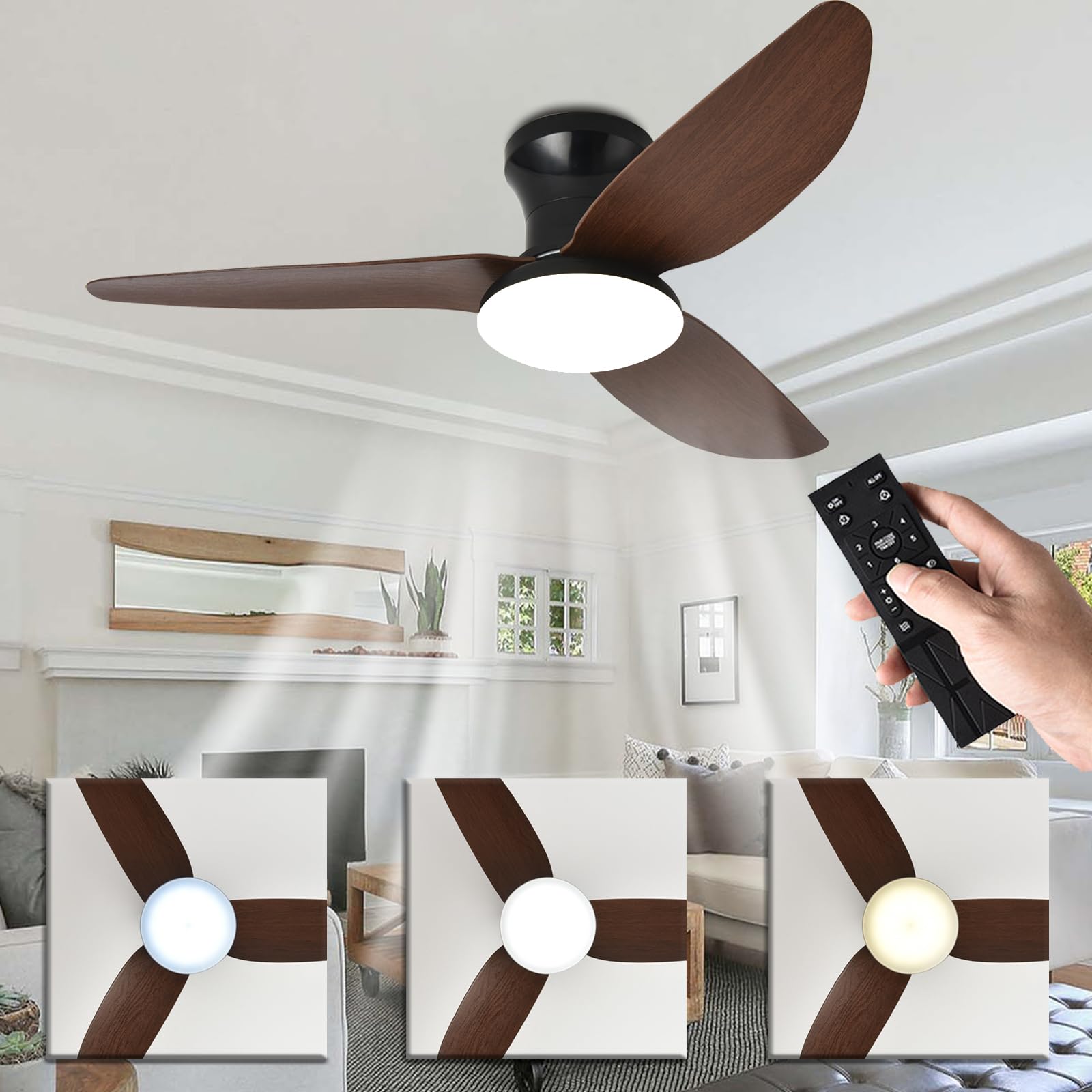 Ventilateur de plafond intelligent LED en bois foncé de 100 cm avec télécommande
