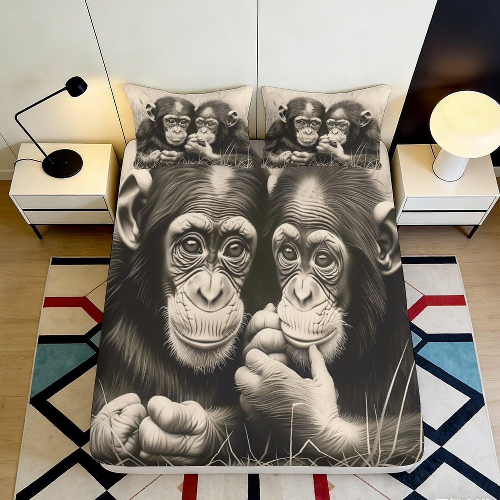 3D Printed Chimpanzee Fitted Sheet Microfiber Soft Breathable Monkey Mattress Cover for Bedroom Dormitory Guest Room Mattress Protection Decor 120x200x25cm