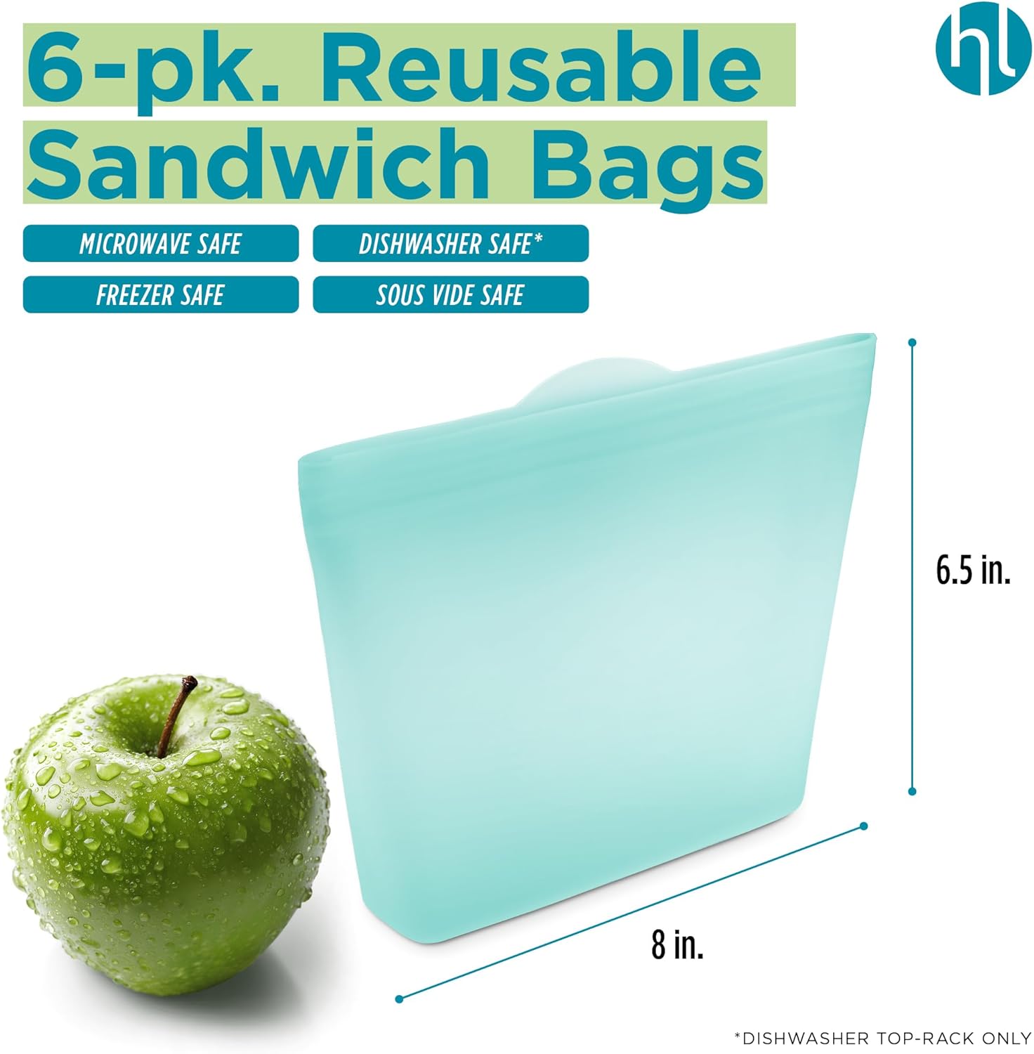 Home Logic Reusable Sandwich Bags - Set of 6 Pool Blue Silicone Freezer Bags, Airtight Leak Resistant Reusable Zip Bags for Kitchen Home Food Prep, Microwave & Sous Vide Safe
