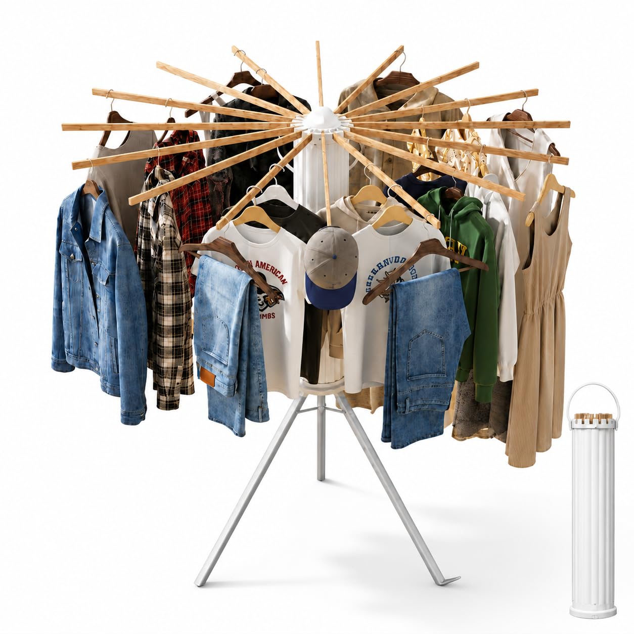 Clothes Drying Rack Foldable, Portable Laundry Drying Rack for Clothes with 16 Wooden Rods &amp; 48 Windproof Slots, Collapsible Tripod Dry Rack for Apartment, RV, Balcony