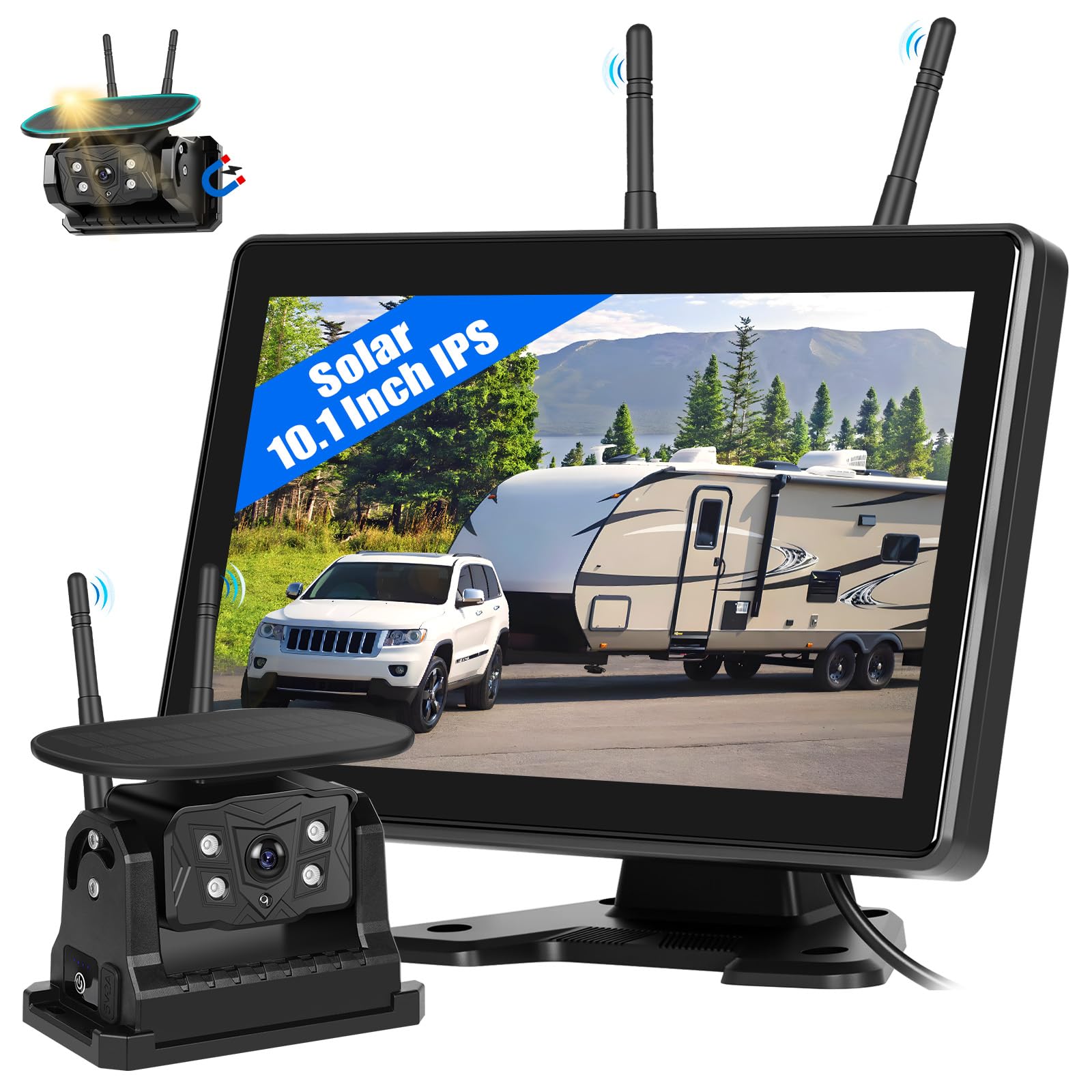 CAMECHO Cámara de Marcha Atrás Solar Inalámbrica con Monitor Táctil de 10,1 Pulgadas, 10000 mAh, Cámara Magnética 720P, IP68 Resistente, Visión Nocturna 320 pies para Coches de 12-36 V, Caravanas, SUV
