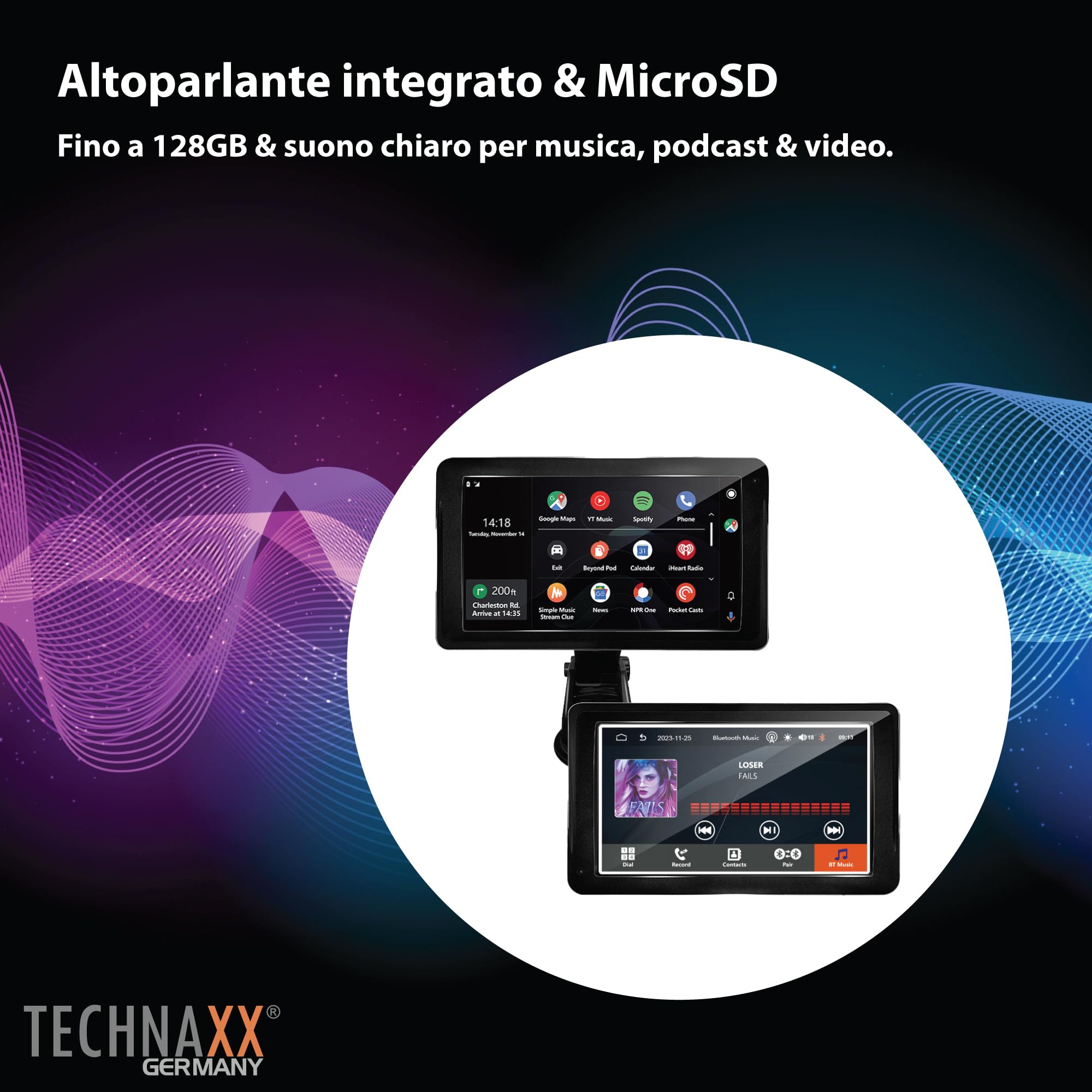 Technaxx TX-320, Wireless Car Play & Android Auto Display 7” per Apple Car Play e Android Auto con Bluetooth 5.0, trasmettitore FM, AUX, altoparlante incorporato, supporto per cruscotto/parabrezza