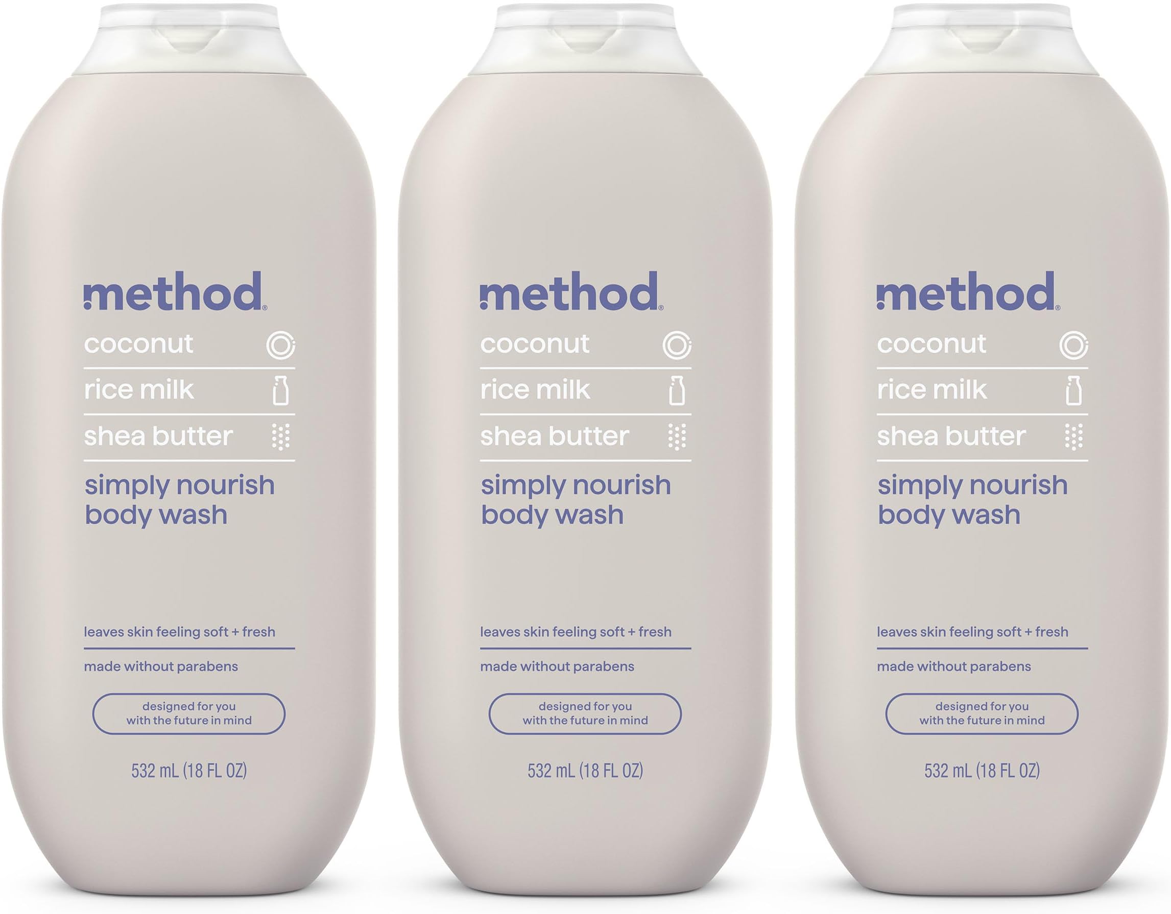 Body Wash, Simply Nourish - Leaves Skin Feeling Soft & Moisturized, Made Without Parabens, Notes of Coconut, Rice Milk & Shea Butter, 18 fl oz - 3 pack