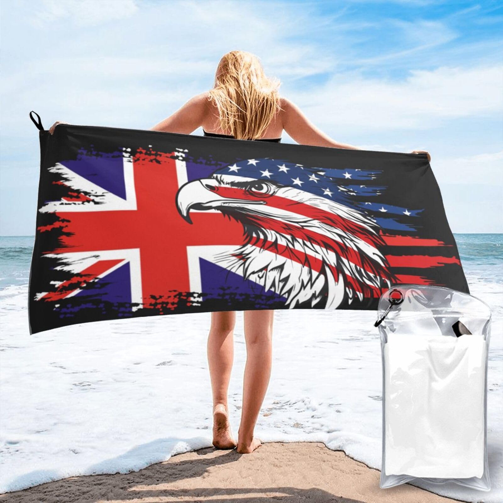 HACXZ America Flag and Britain British Flag Microfiber Beach Towel Lightweight Absorbent Travel Pool for Men Women 27.5"X55"