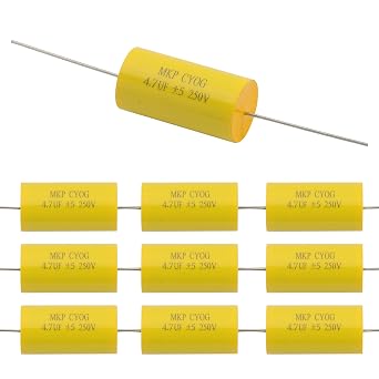 10Pcs 250V 4.7uF Frequency Divider Capacitor,Axial Audio Speaker Non-Polarity CBB20 Polypropylene Film MKP Capacitor for Audio Amplifier, Divider, Car,Yellow
