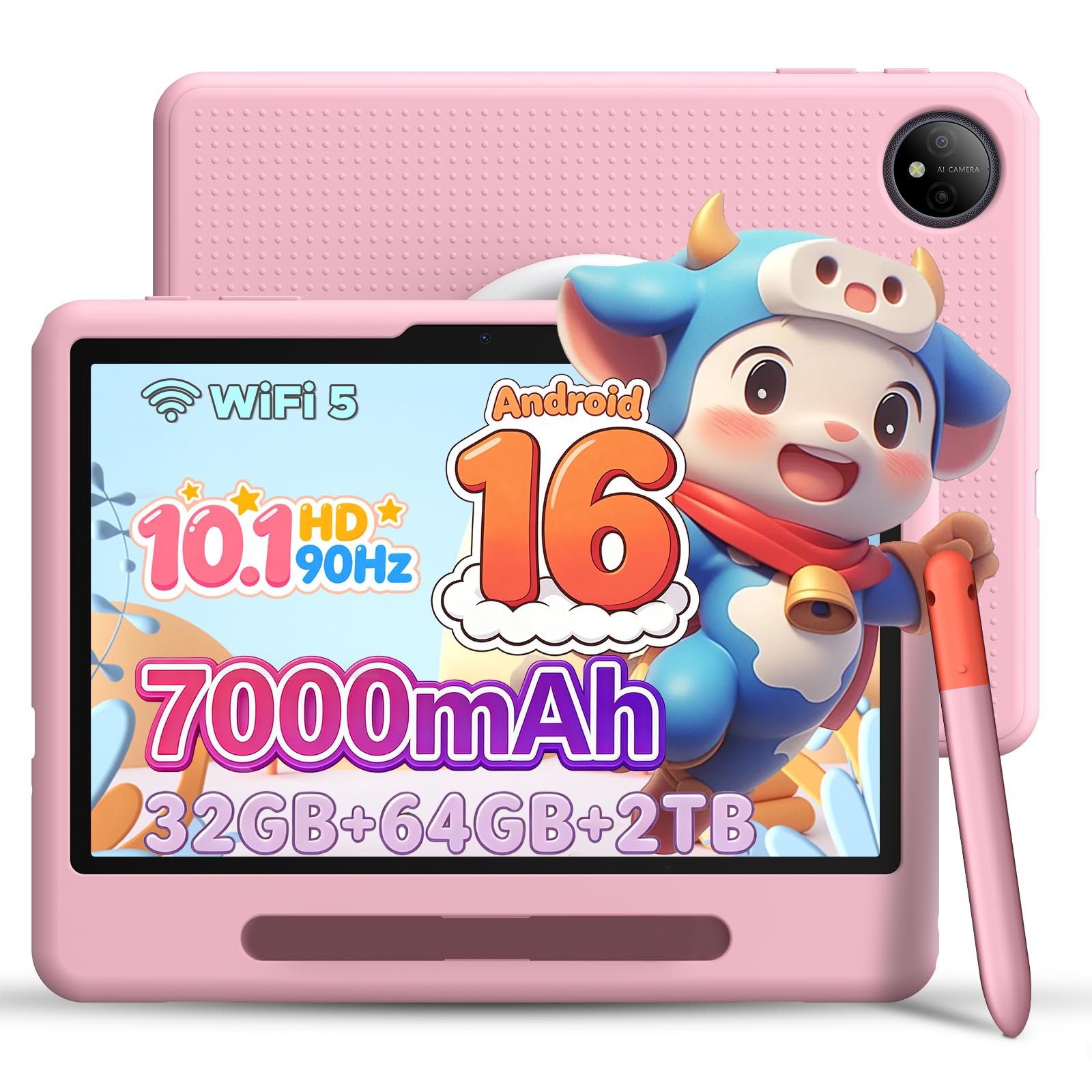 P10 Kid Tablette Enfant, 32Go+64Go, Tablette 10 Pouces avec Gemini AI, Quadri-Coeur T310, 10,1'' IPS HD Écran, 90Hz, 7000mAh, 5G WiFi, Tablette Android 16 avec Stylet, Étui en Silicone-Rose