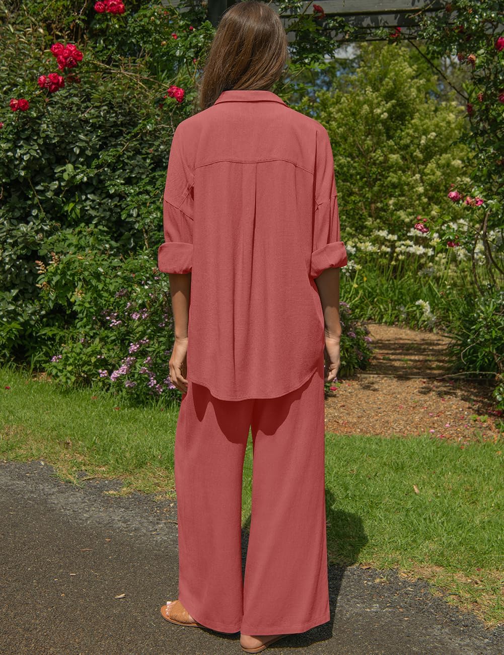 TARSE Women's Linen 2 Piece Outfits Casual Lounge Sets Long Sleeve Button Down Shirts Wide Leg Pants Vacation Set - Image 5