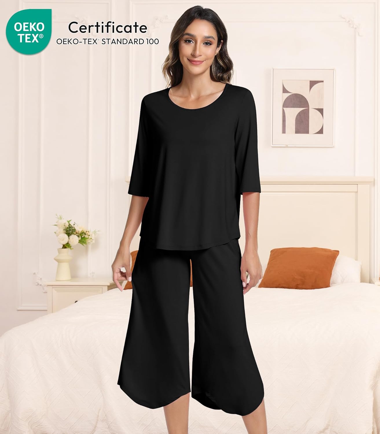 NACHILA Pajamas for Women-Viscose Made from Bamboo, Soft 3/4 Sleeve Pjs Summer Capri Pants Pajamas Set Cooling Sleepwear - Image 2