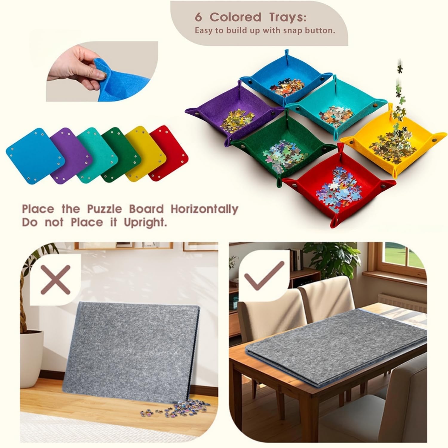 Tavola per puzzle inclinabile con supporto 2 in 1 e coperchio, 1000 pezzi, tavolo portaoggetti in feltro, regolabile in 3 angolazioni, 6 vassoi di ordinamento, tavola puzzle leggera e portatile per