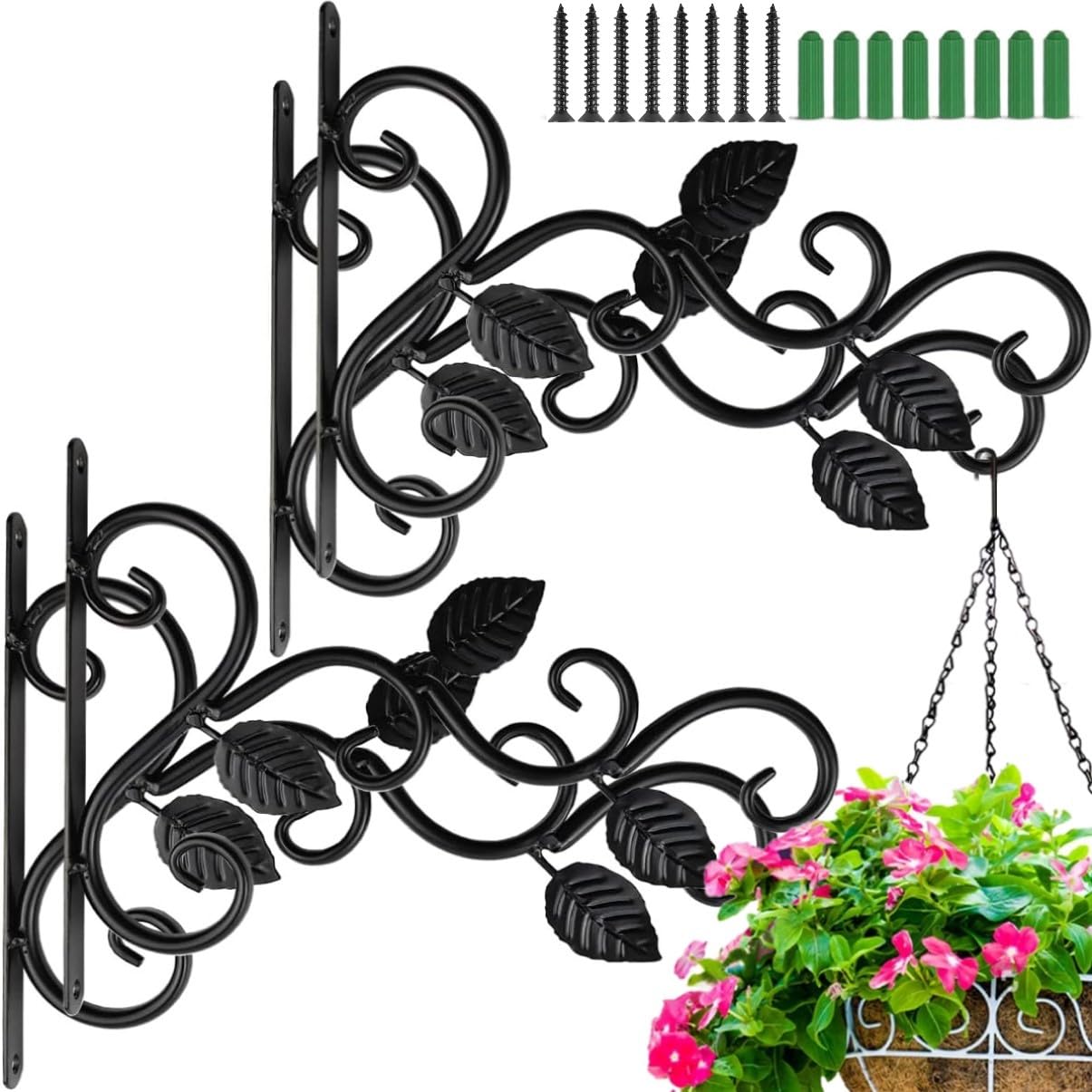 LATERN 4Pcs Hanging Basket Brackets, 30CM x 18CM Leaves Metal Wall Mount Planter Hanger Outdoor Hanging Basket Hook with Screw for Bird Feeder, Lantern, Wind Chime, Planter, Flower Pot