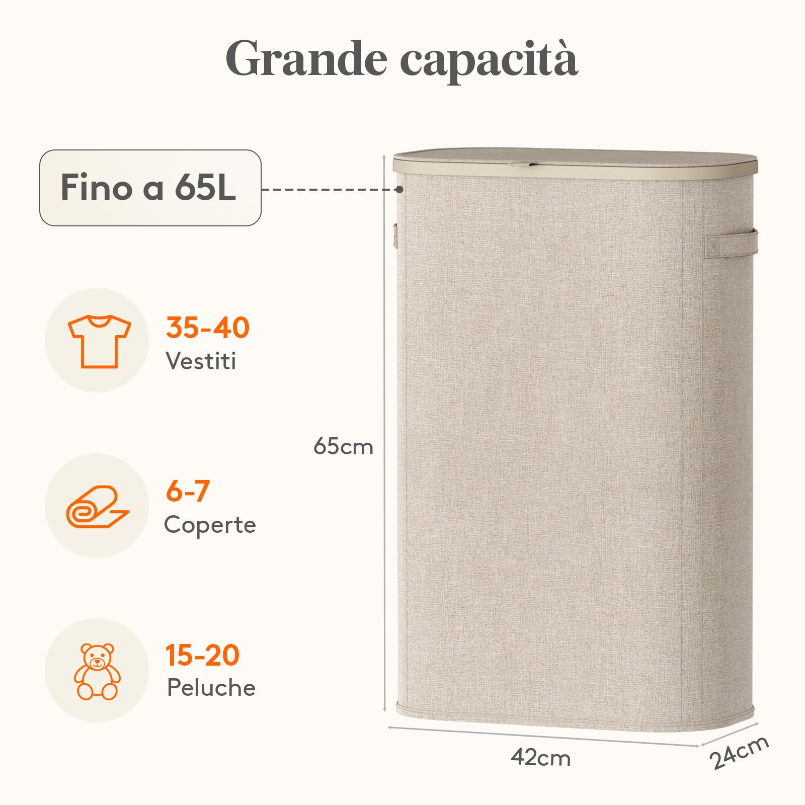 Lifewit Cesto Portabiancheria, Cesta Panni Sporchi con coperchio, Laundry Basket con Plastica Manici, Porta Biancheria Sporca per Bagno, Lavanderia, Camera da Letto, 65 L, Beige
