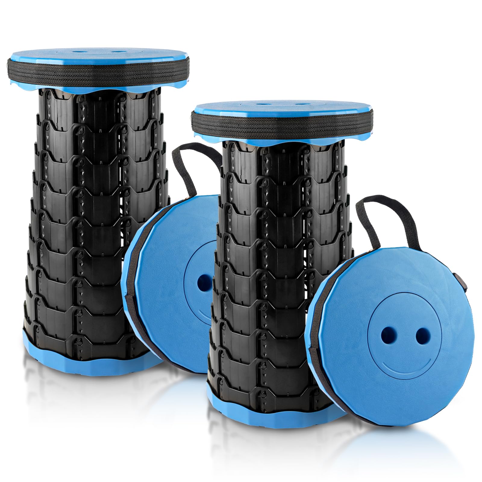 2 Piezas Taburete Plegable Redondo, Taburete telescópico Plegable Ajustable de 6 a 45 cm con Correa, Carga hasta 200 kg para Camping, Pesca y Viajes Azul