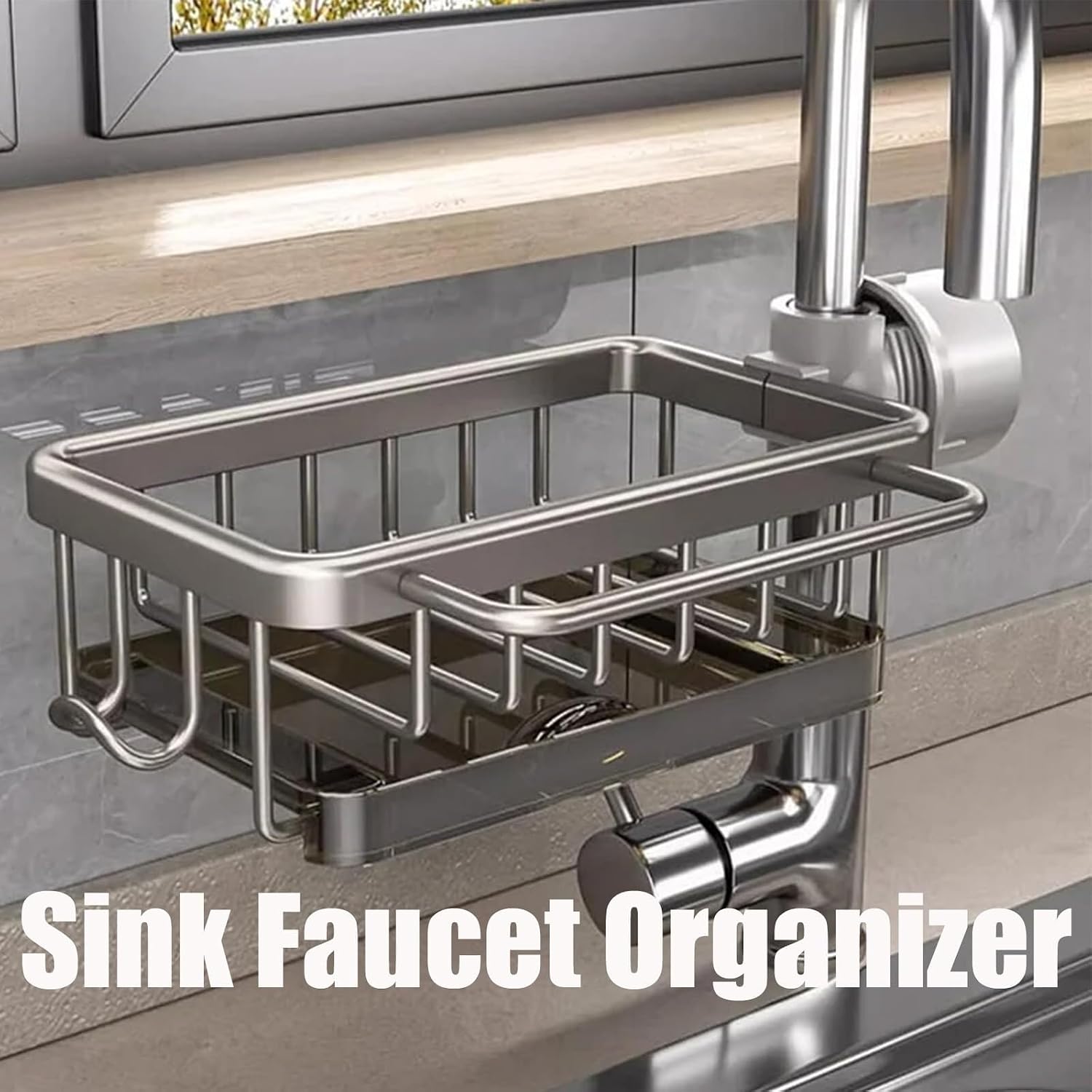 Kitchen Sink Faucet Organizer, Kitchen Sink Organizer Over Faucet, 360°Rotatable Faucet Sponge Holder with Drip Tray for 0.8-1.1inch Round Water Pipe, for Kitchen and Bathroom(Black,Right)
