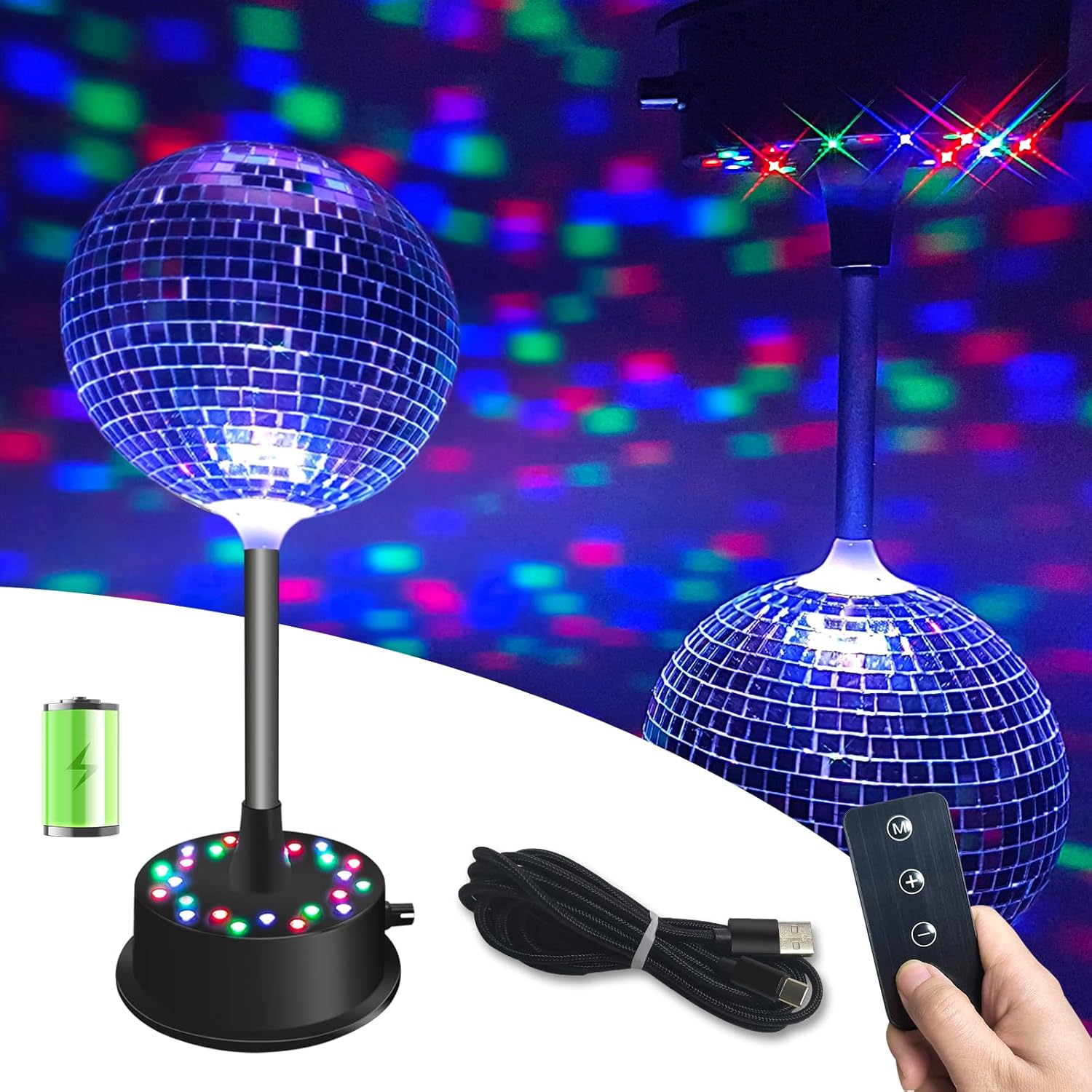 Disco Ball with Motor with Remote and Lights, Palujorty 5-9 RPM 24 LED Mirror Ball Motor and 6" Balls for 70s 80s 90s Theme DJ Party, Disco Party Decoration, Wedding, Birthday(USB/Battery Powered)
