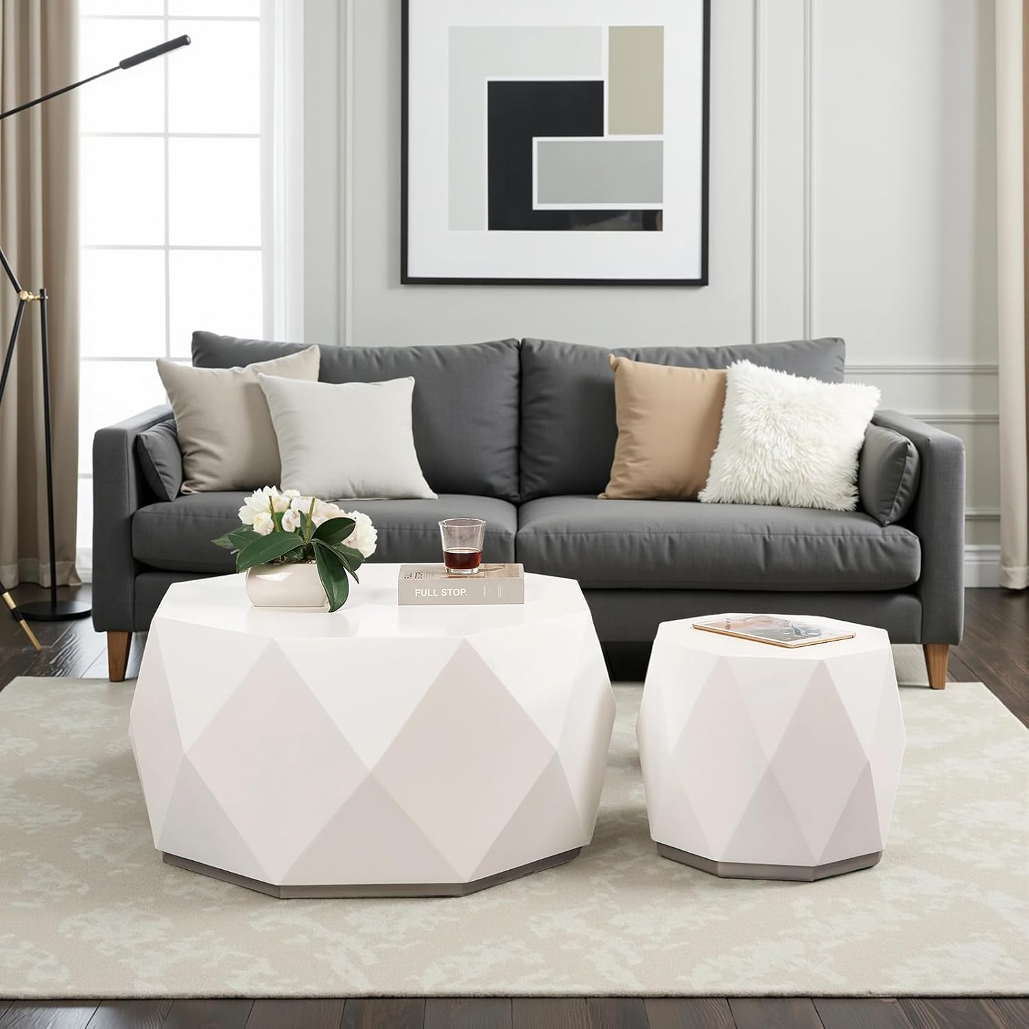 Gexpusm 32" Wooden Coffee Table Set of 2 Round Drum Coffee Tables,Farmhouse Retro Coffees Table Set for Living Room,Office with Spacious Tabletop,Side Tables Accent End Table (White)