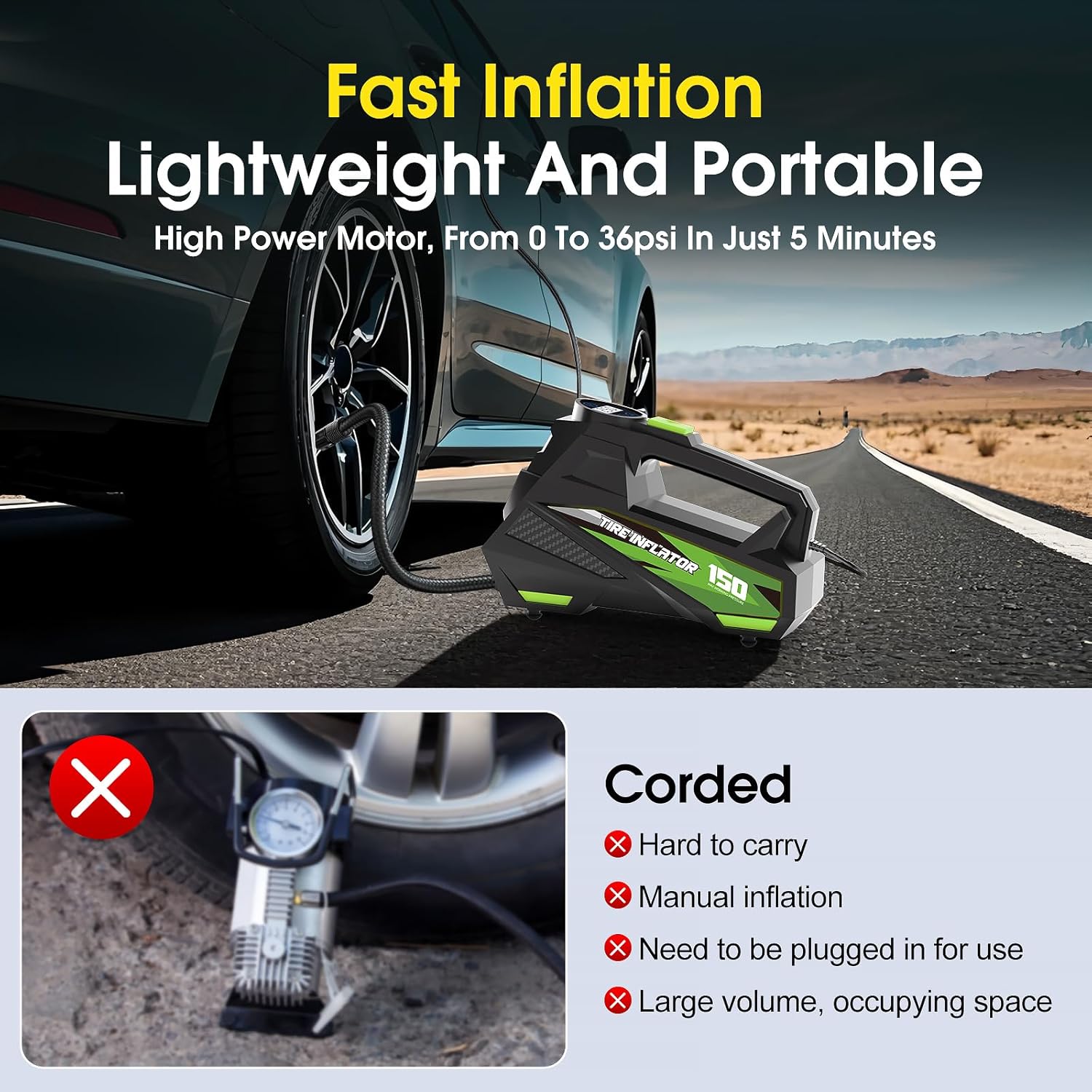 FLYKID Tire Inflator Portable Air Compressor- 12V DC Air Pump for Car Tires with 150PSI LCD Digital Gauge & Emergency LED Light,Auto Tire Pump for Cars,Motorcycles,Bikes,Balls - Image 2