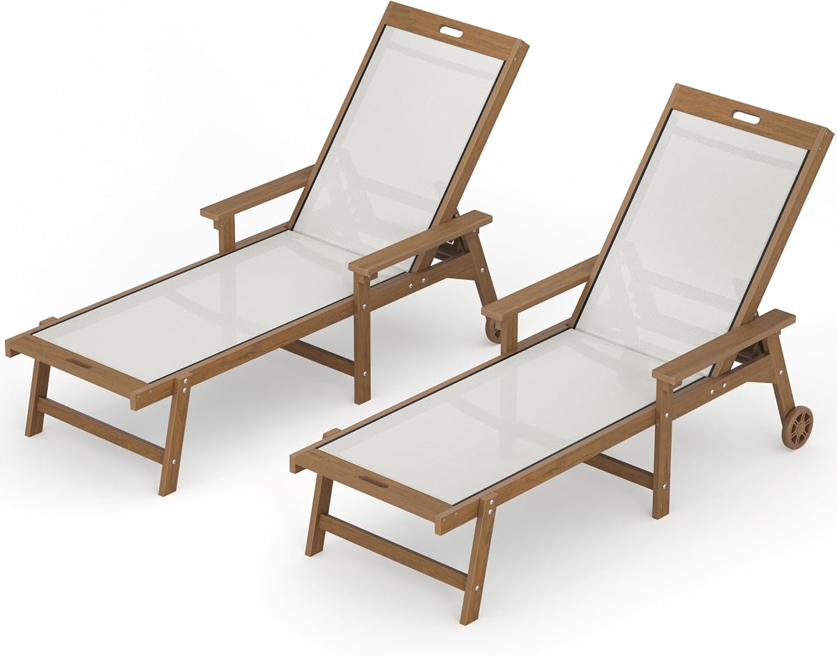 Lounge Chair Outdoor Set of 2,HDPS & HDPE Wicker Adjustable Chaise | 5-position Adjustable back, armrest, wheels, all weather HDPS frame & HDPE wicker seat, 330 lbs, pool lounger for patio