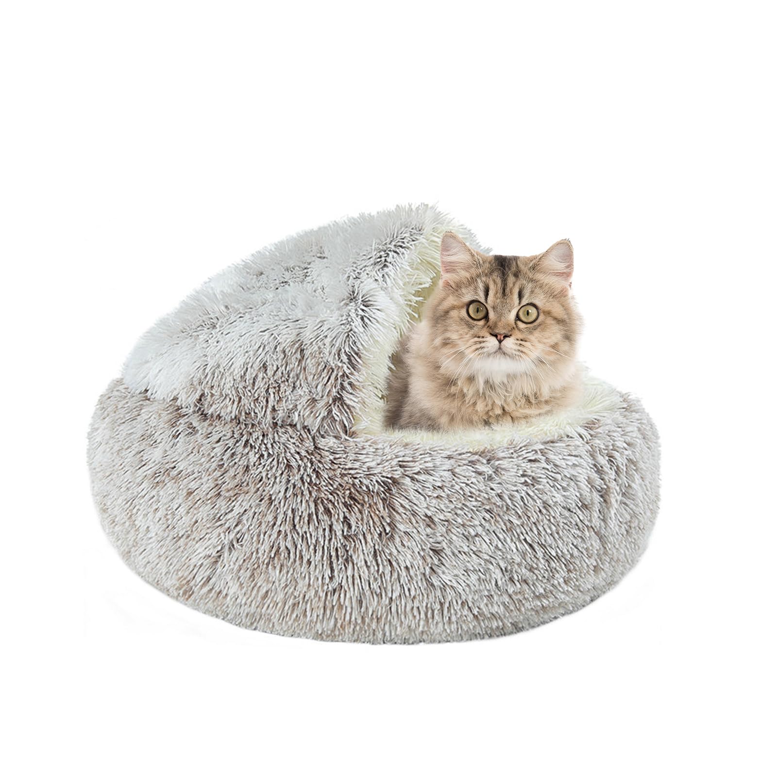 MoYouno Cat Bed Round Fluffy Hooded Cat Beds for Indoor Cats Soft Soothing Cat Bed Cave Anti Anxiety Small Dog Beds Washable & Anti-Slip Bottom-Coffee (24 inch, Long Plush)