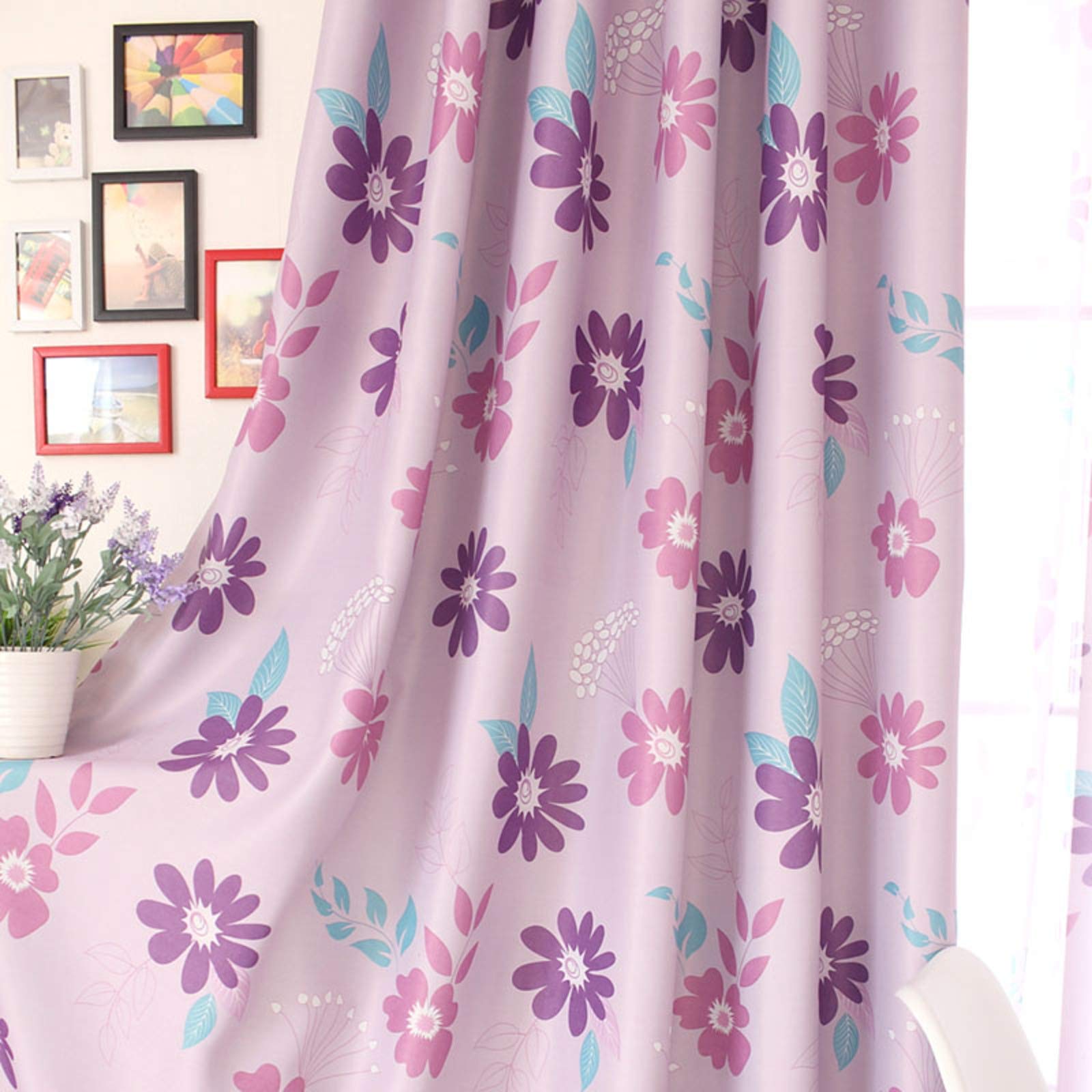Rideau violet fleur pastoral œillets 500x270 pour chambre fille ado