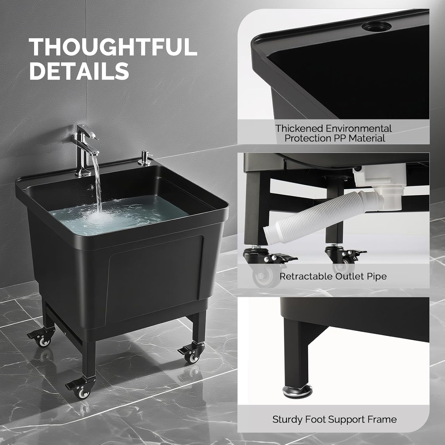 Bonnlo Mobile Mop Sink on Wheels with Lock, 150 Lbs Capacity Commercial Plastic Utility Basin, One-Touch Drain & Retractable Pipe for Restaurant, Hotel, Hospital, Warehouse, 19.7"L x 18.8"W x 22.3"H​