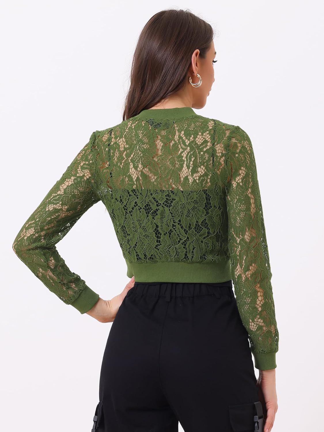 Allegra K Women's Crop Jacket Stand Collar Zip Up Sexy Sheer Gothic Lace Lightweight Baseball Jacket - Image 4