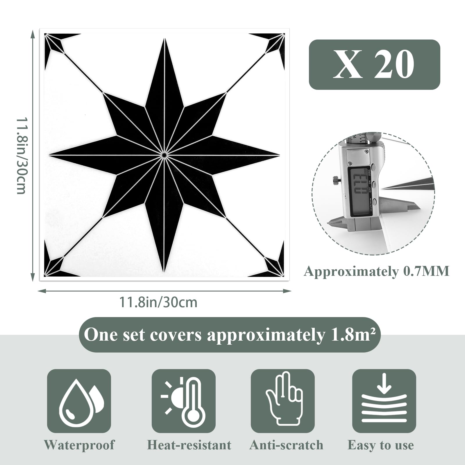 CYEER 20er Set Vinylboden Selbstklebend – 30x30 cm PVC Bodenfliesen (1,8 m²) – Schwarzes Sternmuster mit weißen Linien auf Weiß Wasserfester Bodenbelag für Küche & Bad – Mietwohnung Freundlich