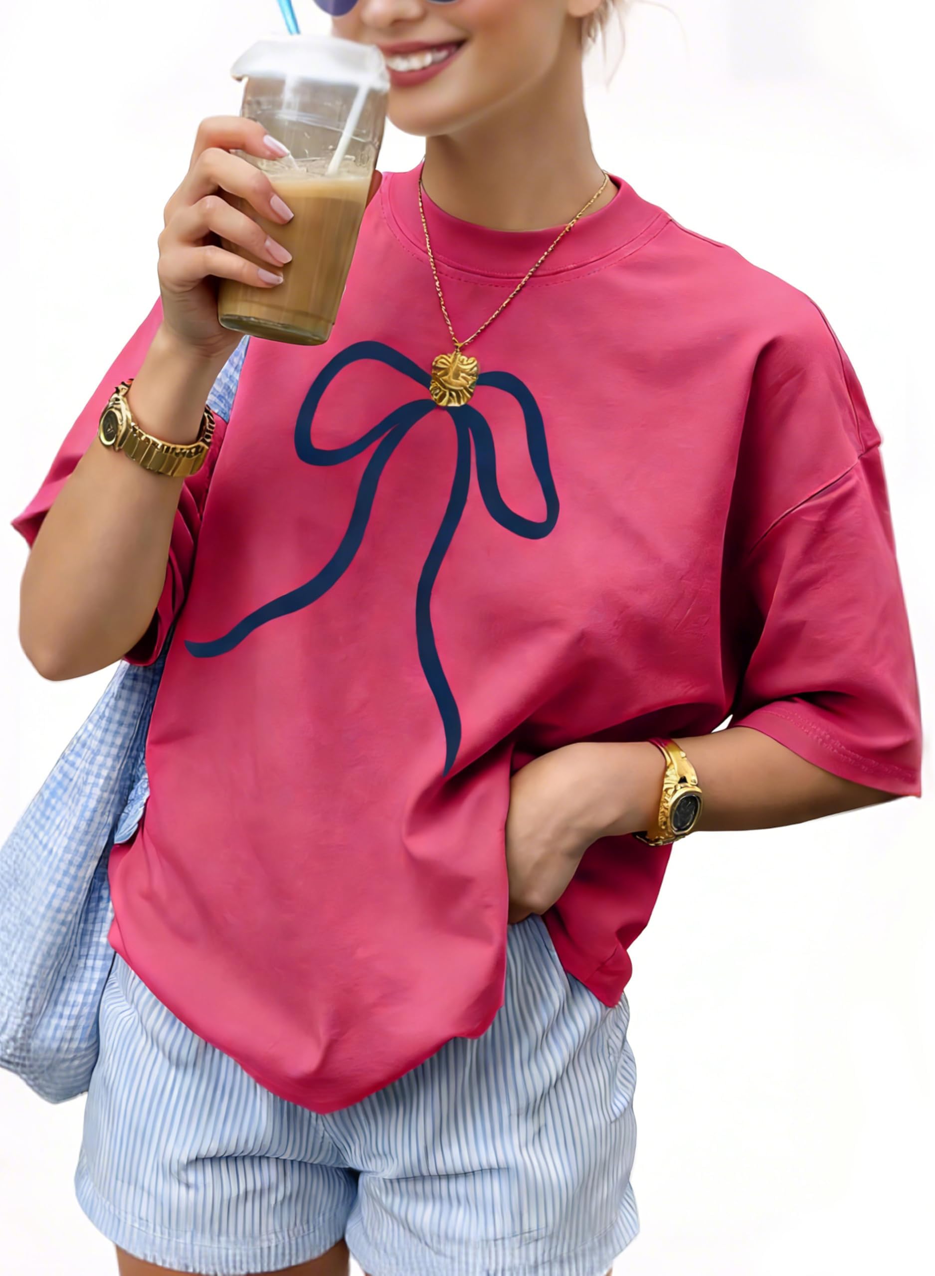 Women T Shirts Loose Fit Cute Bowknot Graphic Crew Neck Short Sleeve Tops Casual Summer Clothes for Girls