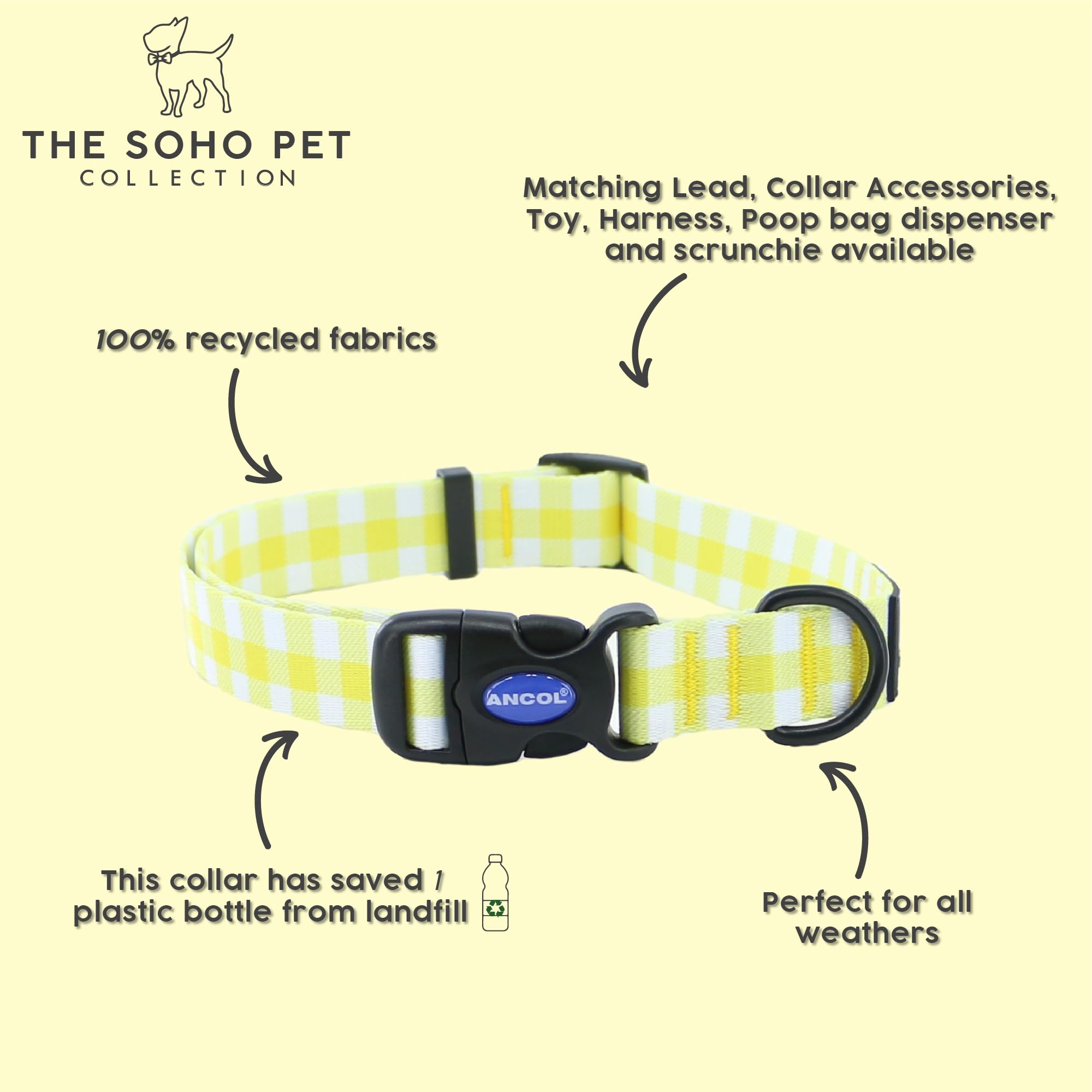 Ancol Soho Round Dog Collar Yellow Check Patterned, 100% Recycled Fabric Comfortable Pet Accessory - Image 2