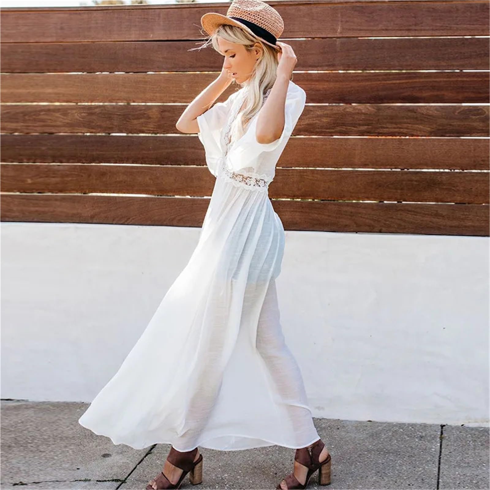 Copricostume da Bikini Sexy in Pizzo Spiaggia Donna | Costume da bagno all'uncinetto aperto sul davanti maxi mantello copricostume lungo kimono bianco