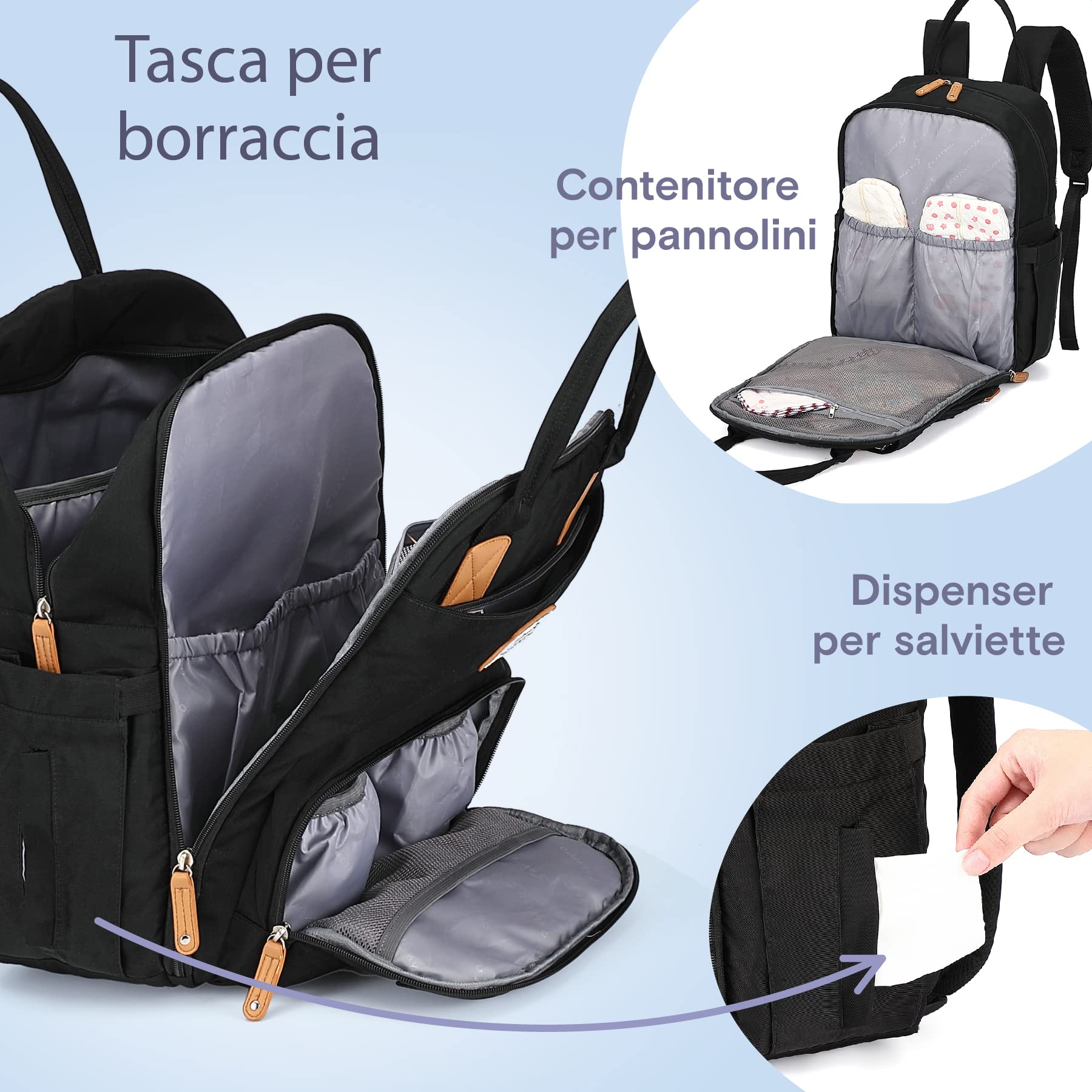 RUVALINO Zaino Fasciatoio per Mamma e Neonato Borsa Fasciatoio per Pannolini, Grande Borsa Maternità con 16 Scomparti, Include Fasciatoio Portatile, Tasca Termica per Biberon
