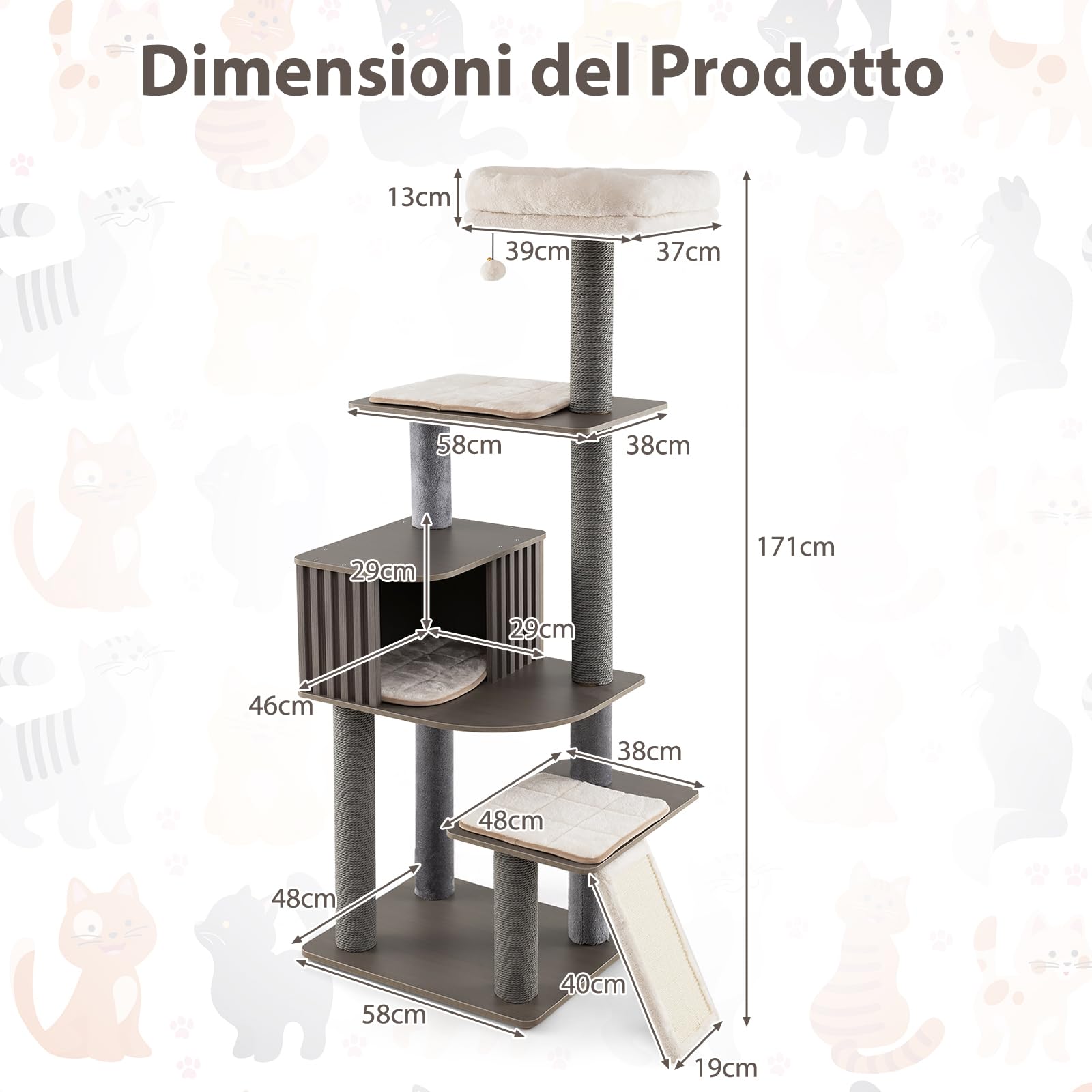 COSTWAY Albero per Gatti a 6 Livelli, Torre per Gatti Alta 171 cm con Cuscino, Condominio, Tappetini Staccabili e Pannello in Sisal, Albero Tiragraffi in Legno con Palla Pompom Appesa